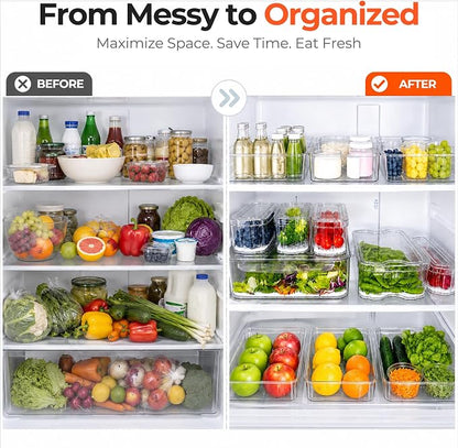 SMRCAD Refrigerator Organizers and Storage, 8 Pack with 1 Pull-Out Drawer and 7 Lidded Bins, Fruit Storage Containers for Fridge with Drain Trays, Helps Keep Produce Fresh