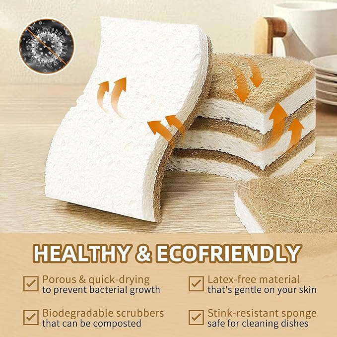 18 Pack Natural Kitchen Sponges, Biodegradable & Compostable | Non-Scratch Cellulose Coconut Fiber Sponges for Dishes, Pots & Pans | Eco-Friendly Cleaning Sponge (18)