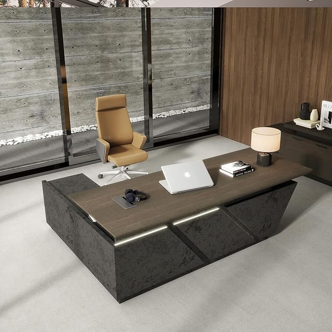 94.5" Adjustable Height L-Shaped Executive Desk with LED Light Strip - Black Inverted Trapezoid Design, Includes Storage Cabinet with Drawers & Doors, Ergonomic Standing Office Desk for Home & Office