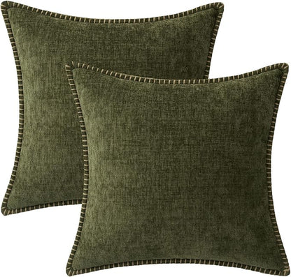 MIULEE Pack of 2 Couch Throw Pillow Covers 20x20 Inch Olive Green Farmhouse Decorative Pillow Covers with Stitched Edge Soft Chenille Solid Dyed Pillow Covers for Sofa Bed Living Room