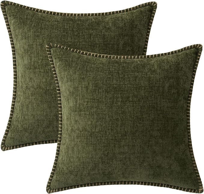MIULEE Pack of 2 Euro Sham Pillow Covers 24x24 Inch Olive Green Farmhouse Decorative Throw Pillow Covers with Stitched Edge Soft Chenille Solid Dyed Pillow Covers for Bed Sofa Couch Living Room