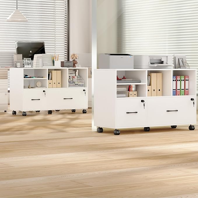 Semoic 2 Drawer Mobile Lateral File Cabinet with Lock, Lockable Wood Filing Cabinet with Open Storage Shelves, Printer Stand Office Storage Cabinet for Home Office Fits Files Legal/A4 Size, White