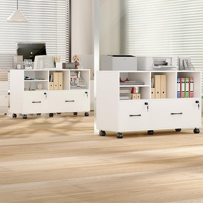 Semoic 2 Drawer Mobile Lateral File Cabinet with Lock, Lockable Wood Filing Cabinet with Open Storage Shelves, Printer Stand Office Storage Cabinet for Home Office Fits Files Legal/A4 Size, White