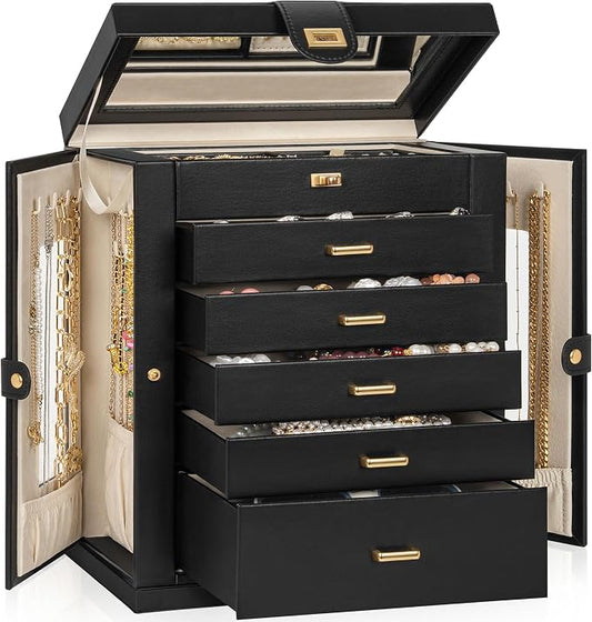 AKOZLIN Jewelry Box 6-Tier Organizer Functional 360° Rotating Jewelry Storage Case for Women Girls Ring Necklace Earring Bracelet Holder with Mirror