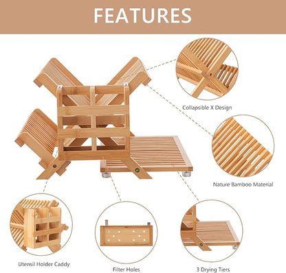 HBlife Bamboo Dish Drying Rack with Utensil Holder, 3-Tier Large Collapsible Wooden Dish Drainer Rack, Folding Drying Holder Dish Drainer for Kitchen Counter