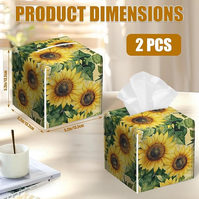 Watercolor Sunflower Tissue Box Cover 2PCS, Leather Tissue Box Holder Square Facial Paper Case Tissue Box Cube Organizer for Bathroom Bedroom Desk Office