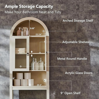 IFGET Arched Over The Toilet Storage Cabinet with Acrylic Doors, Modern Over Toilet Bathroom Organizer Shelf, Small Wooden Bathroom Storage Cabinet with Adjustable Shelf, Space Saver, Cream