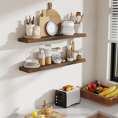 Acovy 36 Inch Floating Shelves, 8 Inch Deep Floating Shelves for Wall, Hanging Shelf with Invisible Brackets, Deep Shelves for Bathroom, Bedroom, Living Room, Walnut, Set of 2