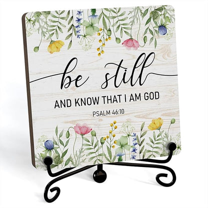 Inspirational Christian Desk Decor, Be Still And Know That I Am God Wildflower Sign, Desk Decorations For Office Home Living Room Bathroom, Eucalyptus Shelf Decor, Wooden Plaque With Stand (08)