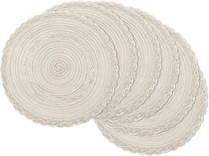 SHACOS Round Placemats Set of 6 Boho Braided Bordered Place Mats 15 inch for Dining Tables Wedding Holiday Party (Ivory Bordered, 6)