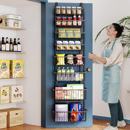 Over The Door Pantry Organizer, 8-Tier Over The Door Organizer with Adjustable Baskets, Metal Hanging Spice Rack for Pantry Organizers and Storage, Suitable for Kitchen Laundry Room & Bathroom, Black