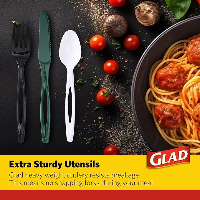 Glad Plastic Heavy Duty Forks, 120ct Green, White and Black Cutlery Forks, Knives, and Spoons| 120 Pieces Set of Heavy Duty Disposable Party Utensils and Sturdy Cutlery