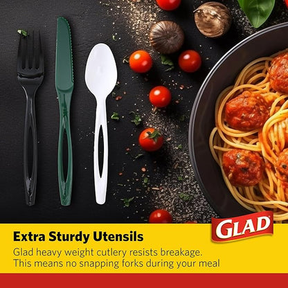 Glad Plastic Heavy Duty Forks, 120ct Green, White and Black Cutlery Forks, Knives, and Spoons| 120 Pieces Set of Heavy Duty Disposable Party Utensils and Sturdy Cutlery