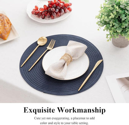 SHACOS Round Placemats Set of 4 Washable 15 inch Round Table Mats Cotton Polyester Woven Braided Place Mats for Dining Table, Navy
