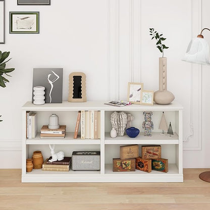 blini White Bookshelf Double Wide 64“ 2-Tier Bookcase 4 Cube Storage Organizer Wooden Bookcases for Bedroom and Home Office Decor Display