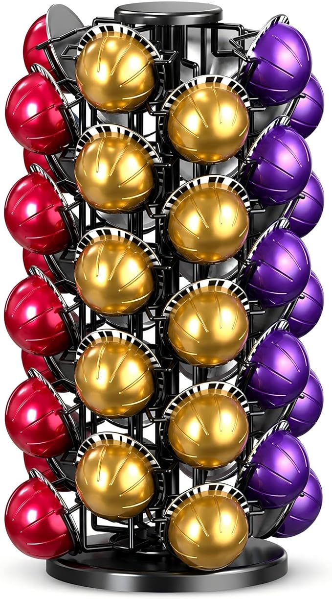 BLACKSMITH FAMILY Coffee Pods Holder Organizer, 360 Degrees Revolving Pod Carousel Compatible for 40 Nespresso Vertuo Pods No Assembly Required Nespresso Pods Holder Tower Stand,Black (Piano Black, 40 pods capability)