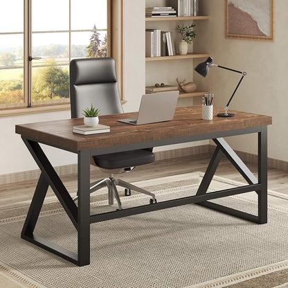 IBF Solid Real Wood 55 Inch Office Computer Desk, Rustic Writing Study Table for Student, Natural Wooden and Metal Gaming Home Office Desk, Rustic Industrial Executive Work Desk Workstation, Brown
