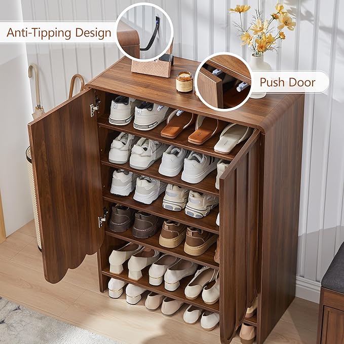 ORRD Shoe Storage Cabinet with Scalloped Doors, 5-Tier Wooden Shoe Cabinet with Adjustable Shelves, Shoes Rack Storage Organizer for Entryway, Hallway, Living Room, Walnut
