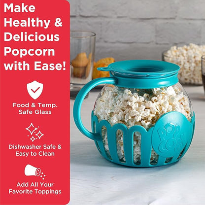 Ecolution Patented Micro-Pop Microwave Popcorn Popper with Temperature Safe Glass,3-in-1 Lid Measures Kernels and Melts Butter,Made Without BPA,Dishwasher Safe,3-Quart,Teal,(Pack of 4)