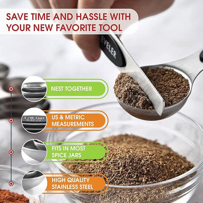 Spring Chef Stainless Steel Magnetic Measuring Spoons Set of 8 with Leveler, Dual Sided Metal Teaspoon & Tablespoon Measuring Spoons, Nesting Kitchen Gadgets for Baking & Cooking - 2 Pack - Black