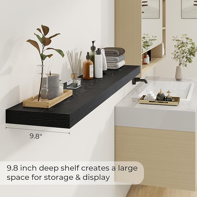 Dreamland 55 Inches Floating Shelves for Wall, 9.8" Deep Long Floating Shelves Set of 2, Large Display & Storage Shelf, Wall Shelf for Bathroom Bedroom Living Room Kitchen Office, Black