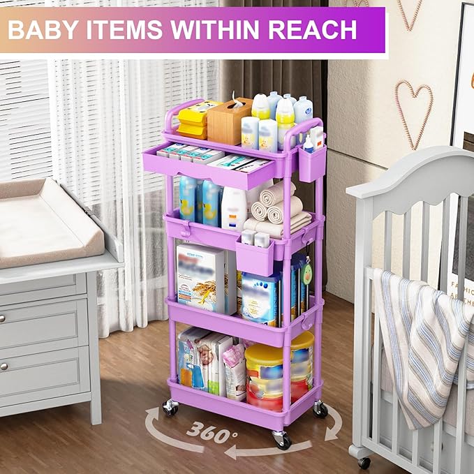 Goovilla Kitchen Cart with Drawers, 4 Tier Rolling Utility Cart Organizer on Lockable Wheels, Purple Fruit Vegetable Storage Rack Also for Cans, Snack, Craft, Art, Office, Beauty