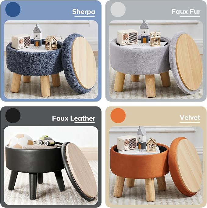 Small Foot Stool Ottoman with Storage, Velvet Ottoman Foot Rest for Couch, Round Footstool with Storage, Small Ottomans and Footstools for Living Room and Entryway (Gray)