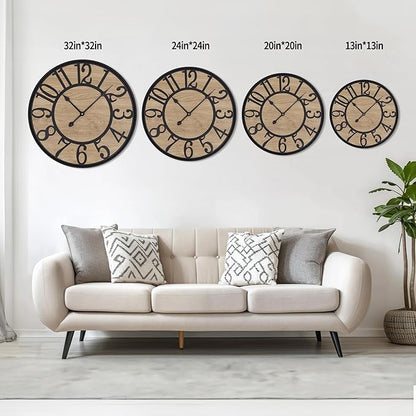 Maxstar Large Wall Clock for Living Room,Metal & Wood Silent Rustic Farmhouse Wall Clock with Arabic Numeral, Battery Operated Decorative for Bedroom Office Home Decor 20inch Black