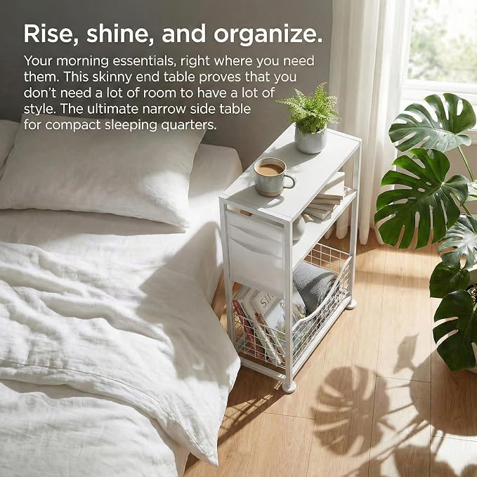 Skinny Side Table with Storage, 3 Tier Slim Side Tables for Small Spaces, Skinny End Table Narrow Bedside Table Narrow Side Table for Living Room, Bedroom