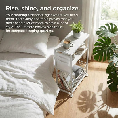 Skinny Side Table with Storage, 3 Tier Slim Side Tables for Small Spaces, Skinny End Table Narrow Bedside Table Narrow Side Table for Living Room, Bedroom