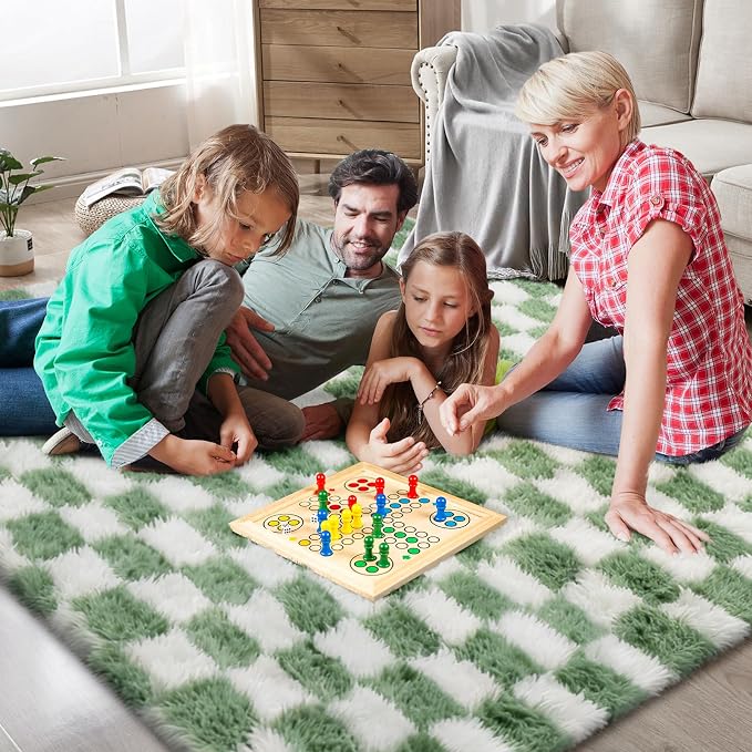 Area Rugs for Bedroom Living Room,4x6 Green and White Fluffy Soft Checkered Rug Fuzzy Shag Shaggy Carpet,Indoor Plush Floor Rugs for Teen Dorm Home Decor