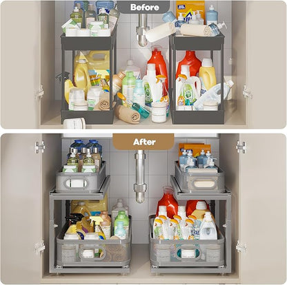 2 Pack 21IN-Depth Under Sink Organizer With Next-Gen Ball-Bearing Slides,2-Tier Precision Mesh Pull Out Cabinet Storage for Bathroom&Kitchen,Height Adjustable Drawers Shelf,Anti-rust-Grey