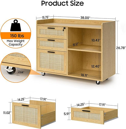 Rattan File Cabinets, 3 Drawer Lateral Filing Organization Storage Cabinets with Lock, Rolling Printer Stand Home Office Organizer for Hanging Files Letter/Legal/A4 Size, Oak