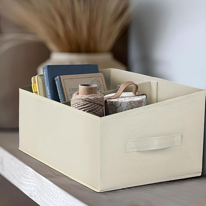 DIMJ Closet Storage Bins, 5 Pack Storage Baskets for Shelves, Foldable Closet Organizer with Handle, Linen Closet Organizers and Storage for Clothes, Toys, Towel, Books (Beige)