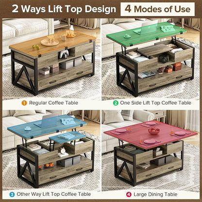 Memobarco 40" Lift Top Coffee Table,4 in 1 Multi-Function Lift Coffee Tables with Storage Drawers and Hidden Compartmen,Farmhouse Coffee Table with Lifting top for Living Room,Grey