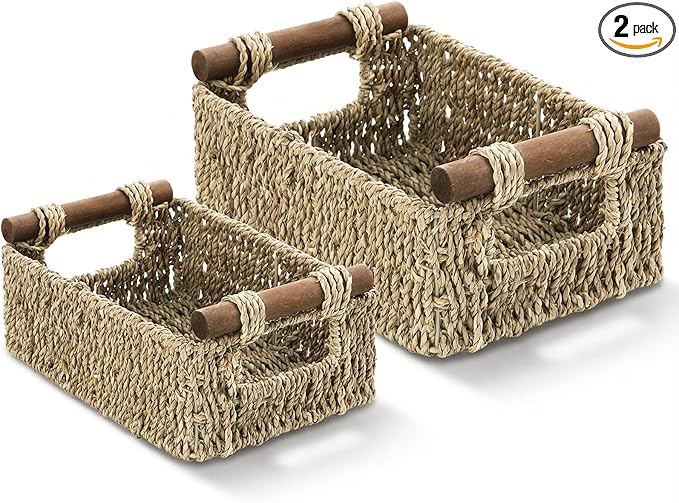 2 Pack Wicker Basket with Wooden Handles for Shelves, Handmade Storage Baskets for Home Organizing, Decorative Organizer Bins for Living Room Bathroom, Bedroom, Kitchen