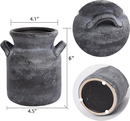Quoowiit Ceramic Rustic Farmhouse Vase, Distressed Decorative Flower Vases for Home Decor, Ideal Shelf Decor, Black Boho Vase for Living Room Bedroom Kitchen Office Centerpiece Table Decorations