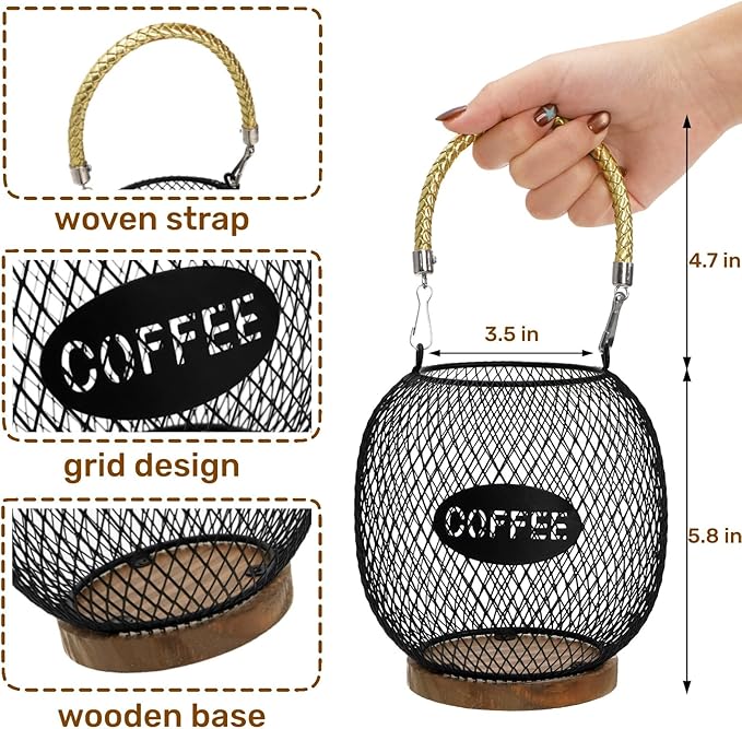 Coffee Pod Holder, K Cup Organizer Basket with Handle Wooden Base, Sturdy Metal Wire Capsule Pod Storage Container for Kitchen Countertop, Office, Coffee Bar