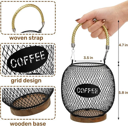 Coffee Pod Holder, K Cup Organizer Basket with Handle Wooden Base, Sturdy Metal Wire Capsule Pod Storage Container for Kitchen Countertop, Office, Coffee Bar