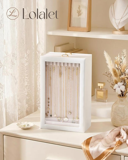 Lolalet Upgraded Double-Sided Hanging Necklace Organizer Box, Jewelry Display Case with Double-Sided Clear Window for Necklaces Bracelets, Tangle-Free Necklace Storage Box, White, 2-Layer 40 Hooks