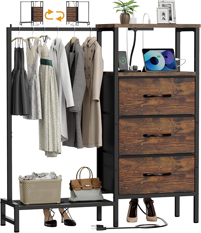 Dresser for Bedroom with Hanging Rack, 3 Drawers Closet with Charging Station, Faric Chest of Drawers with Clothes Rack, Storage Organzier for Hallway Entryway, Brown