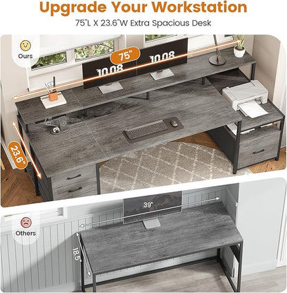 SEDETA 75'' Computer Desk with 5 Drawer, Power Outlet & Led Lights, Home Office Desk with File Drawer, Storage Shelves, Printer Cabinet and Monitor Shelf, 23.6" W Large Desktop Gaming Desk, Grey