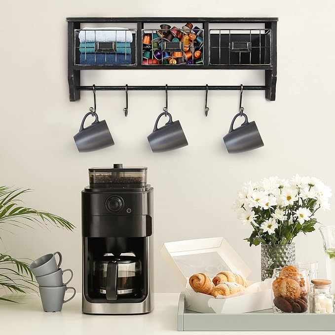 HBCY Creations Wall Mounted Shelf with Coat Hooks and Baskets, Solid Wood Entryway Organizer Wall Shelf with Hooks - Hang Coats, Keys, Rustic Blackwash 24" Wide