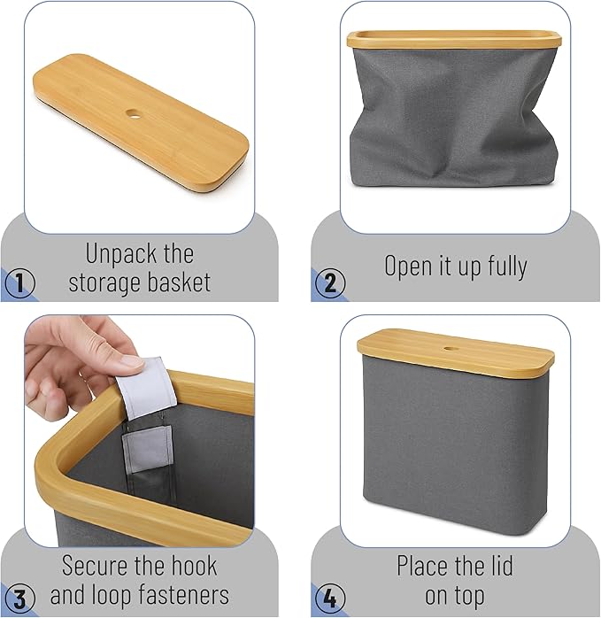 BAMBOO LAND- Toilet Paper Storage with Bamboo Lid for 12 Rolls, Gray, Waterproof Bamboo Toilet Paper Holder Basket