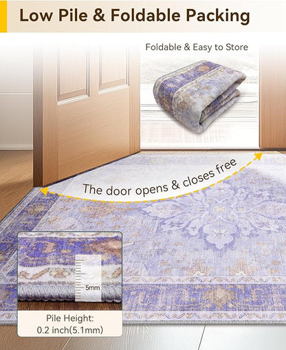 RELEANY Area Rugs 8'x10' Washable Non-Slip, Floral Vintage Distress Medallion Carpet for Living Room Bedroom Dining Room, Light Purple Brown