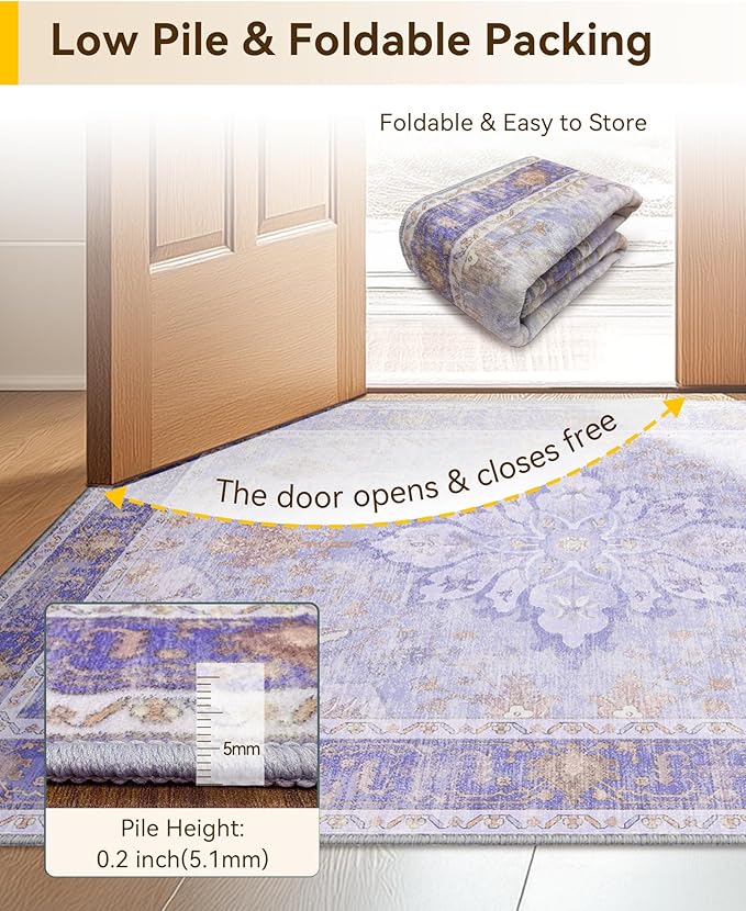 RELEANY Area Rugs 4'x6' Washable Non-Slip, Floral Vintage Distress Medallion Carpet for Living Room Bedroom Dining Room, Light Purple Brown