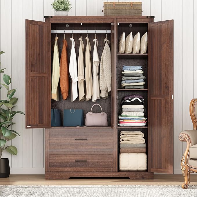 3 Doors Wardrobe Armoire Closet with Doors and Drawers, Farmhouse Wooden Armoire Storage Cabinet with Shelves & Hanging Rod for Bedroom, Brown