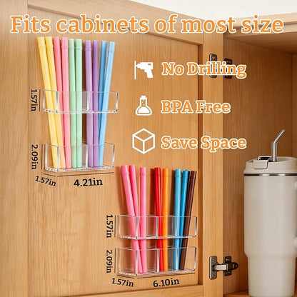 2 PACK Small Acrylic Straw Holder for Cabinet Doors, Reusable Adjustable Two-Part Straw Organizer with Ultra Sticky Adhesive Strips, 2026 Space-Saving Straw Storage for Kitchen Cupboard
