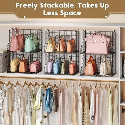 Sonyabecca Purse Organizer for Closet,2-Pack Adjustable&Stackable Purse Storage Organizer Dividers for Open Cabinets,Wire Storage Baskets for Purses/Handbags/Clutches-Black