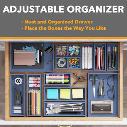 SpaceAid 14-Piece Bamboo Drawer Organizer Storage Boxes Set, Wood Tray Junk Drawer Organizers Multi-Use Divider Bins for Kitchen, Bathroom, Office Desk and Makeup Organization (14 Pack, Navy Blue)